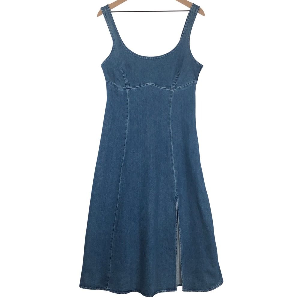 GAP Denim Sweetheart Midi Dress Sz M Blue Sleeveless Side Zip Front Slit Stretch